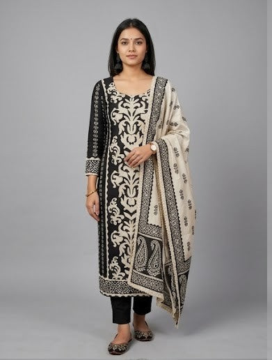 Women's Silk Blend Special Threadwork Kurta Pant Dupatta Set | 3-Piece Suit Set (Black & Beige)