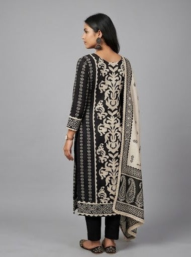 Women's Silk Blend Special Threadwork Kurta Pant Dupatta Set | 3-Piece Suit Set (Black & Beige)