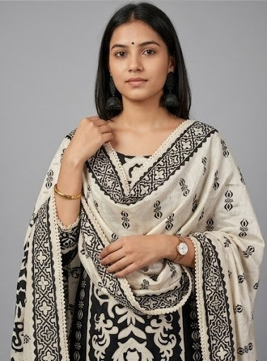 Women's Silk Blend Special Threadwork Kurta Pant Dupatta Set | 3-Piece Suit Set (Black & Beige)