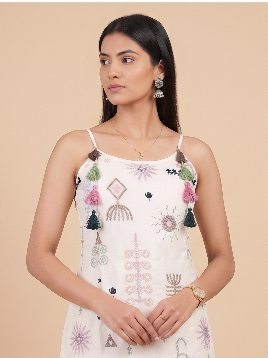 Women's Off-White Printed Straight Kurta Pant Set with Tassel Dupatta | Contemporary Ethnic Co-ord Set