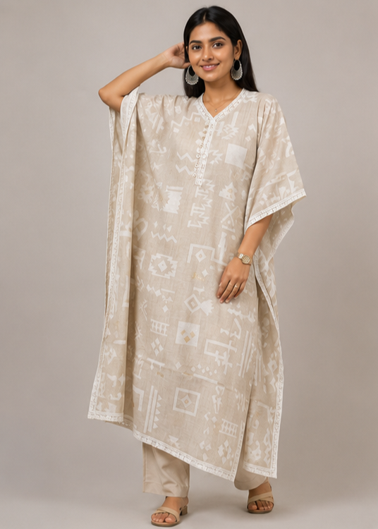 Ivory Tribal Print Cotton Kaftan Co-Ord Set for Women | Relaxed Fit | Elegant Ethnic Wear