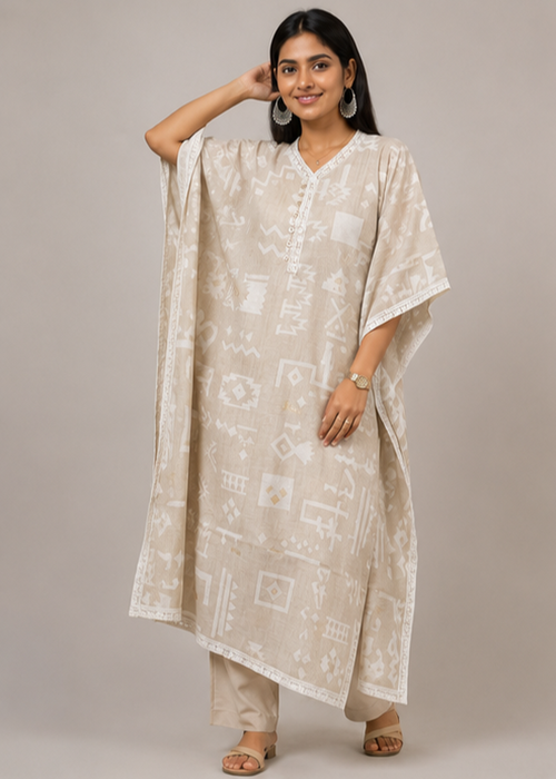 Ivory Tribal Print Cotton Kaftan Co-Ord Set for Women | Relaxed Fit | Elegant Ethnic Wear