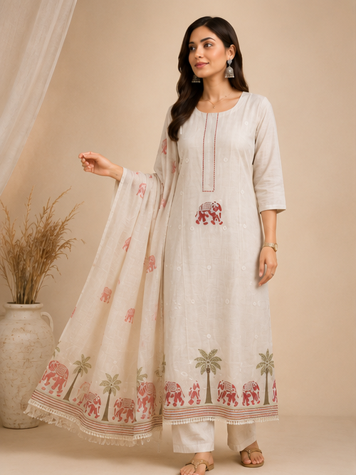 Women’s Ivory Handcrafted Cotton Suit Set with Printed Dupatta & Elephant Motifs