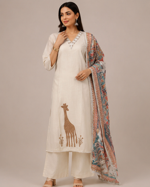 Ivory Giraffe Motif Appliqué Kurta Set with Printed Kalamkari-Style Dupatta