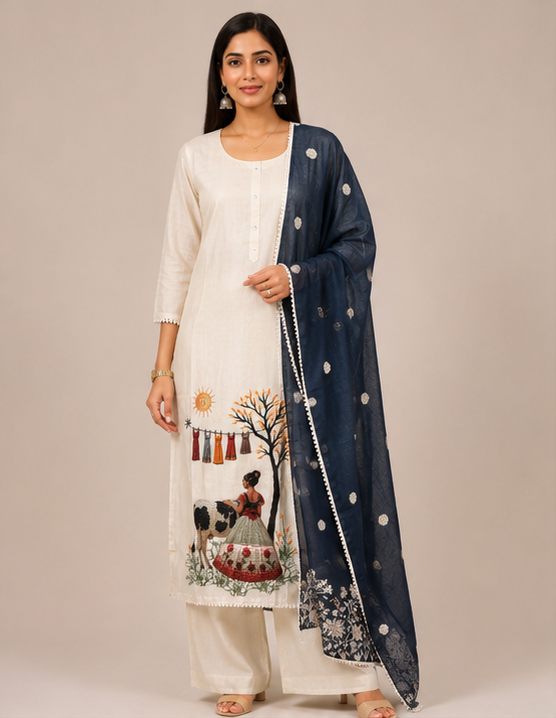 Hand-Embroidered Village Life Motif Kurta Set with Contrast Navy Dupatta