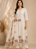 Women’s Ivory Handcrafted Cotton Suit Set with Printed Dupatta & Elephant Motifs