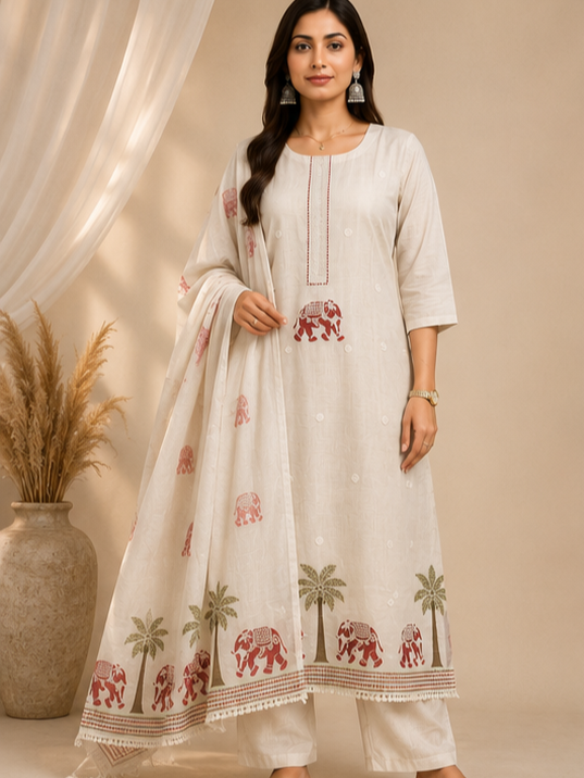 Women’s Ivory Handcrafted Cotton Suit Set with Printed Dupatta & Elephant Motifs