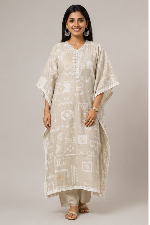 Ivory Tribal Print Cotton Kaftan Co-Ord Set for Women | Relaxed Fit | Elegant Ethnic Wear