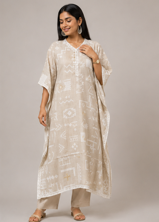 Ivory Tribal Print Cotton Kaftan Co-Ord Set for Women | Relaxed Fit | Elegant Ethnic Wear