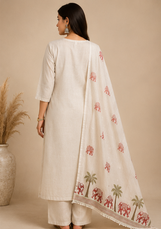 Women’s Ivory Handcrafted Cotton Suit Set with Printed Dupatta & Elephant Motifs