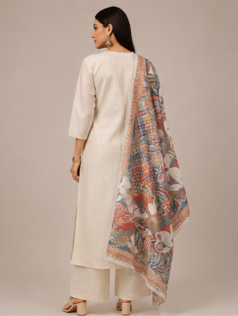 Ivory Giraffe Motif Appliqué Kurta Set with Printed Kalamkari-Style Dupatta