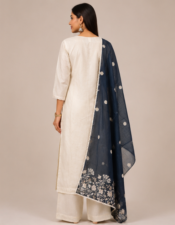 Hand-Embroidered Village Life Motif Kurta Set with Contrast Navy Dupatta