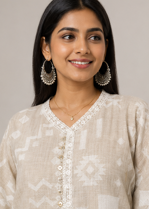 Ivory Tribal Print Cotton Kaftan Co-Ord Set for Women | Relaxed Fit | Elegant Ethnic Wear