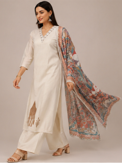 Ivory Giraffe Motif Appliqué Kurta Set with Printed Kalamkari-Style Dupatta