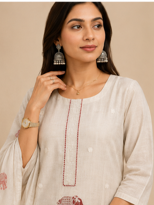 Women’s Ivory Handcrafted Cotton Suit Set with Printed Dupatta & Elephant Motifs