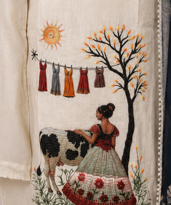Hand-Embroidered Village Life Motif Kurta Set with Contrast Navy Dupatta