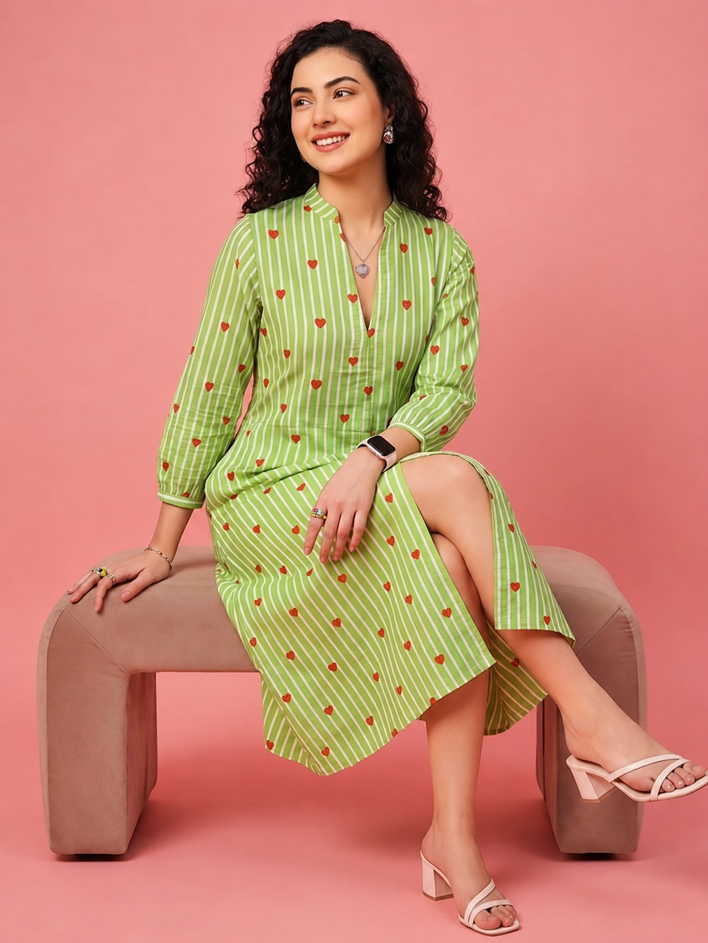 Women's Sage Green Striped Cotton A-Line Midi Dress with Heart Print | 3/4 Sleeve Casual Dress
