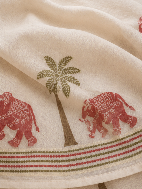 Women’s Ivory Handcrafted Cotton Suit Set with Printed Dupatta & Elephant Motifs
