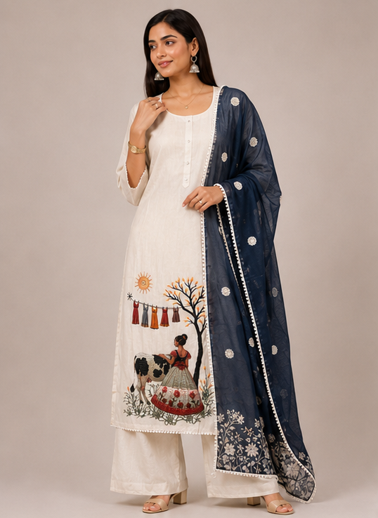 Hand-Embroidered Village Life Motif Kurta Set with Contrast Navy Dupatta