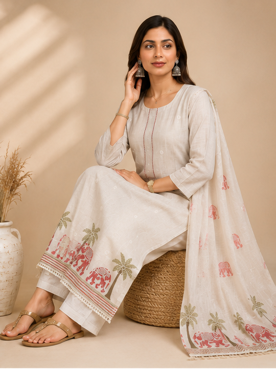 Women’s Ivory Handcrafted Cotton Suit Set with Printed Dupatta & Elephant Motifs