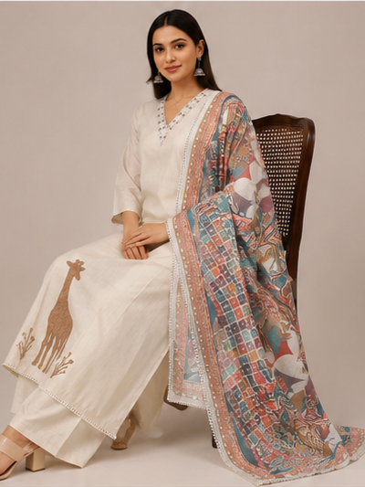 Ivory Giraffe Motif Appliqué Kurta Set with Printed Kalamkari-Style Dupatta