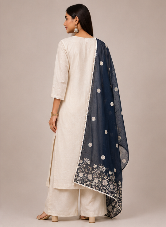 Hand-Embroidered Village Life Motif Kurta Set with Contrast Navy Dupatta