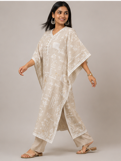 Ivory Tribal Print Cotton Kaftan Co-Ord Set for Women | Relaxed Fit | Elegant Ethnic Wear