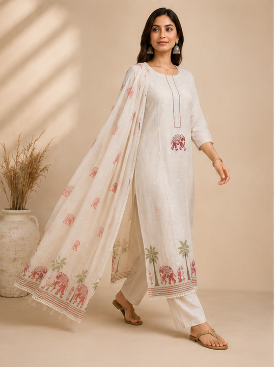 Women’s Ivory Handcrafted Cotton Suit Set with Printed Dupatta & Elephant Motifs