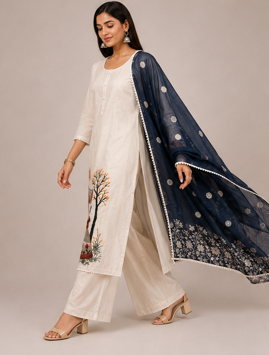 Hand-Embroidered Village Life Motif Kurta Set with Contrast Navy Dupatta
