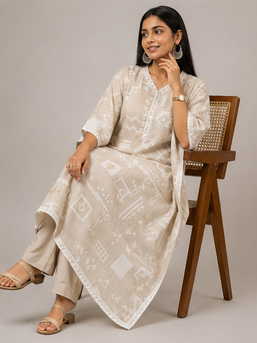 Ivory Tribal Print Cotton Kaftan Co-Ord Set for Women | Relaxed Fit | Elegant Ethnic Wear