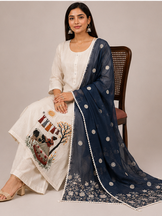 Hand-Embroidered Village Life Motif Kurta Set with Contrast Navy Dupatta