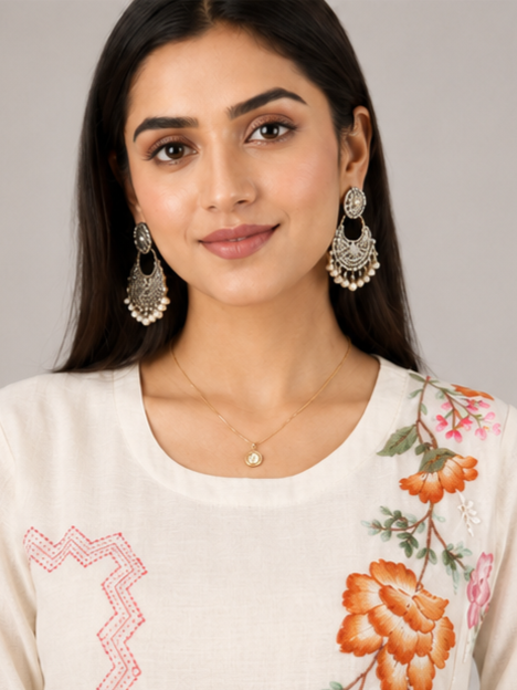 Ivory Blossom Embroidered Kurta Set with Matching Dupatta