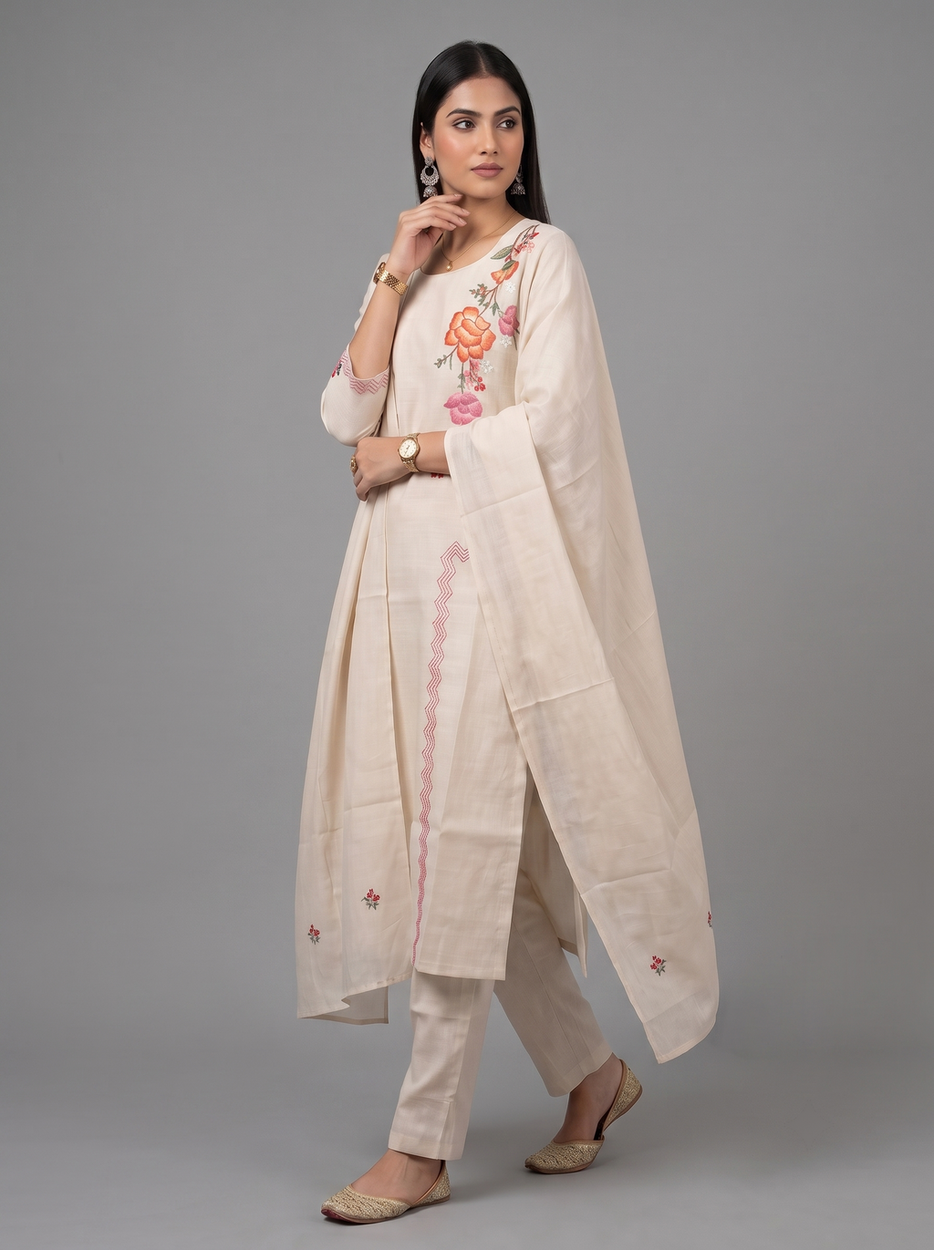 Ivory Blossom Embroidered Kurta Set with Matching Dupatta