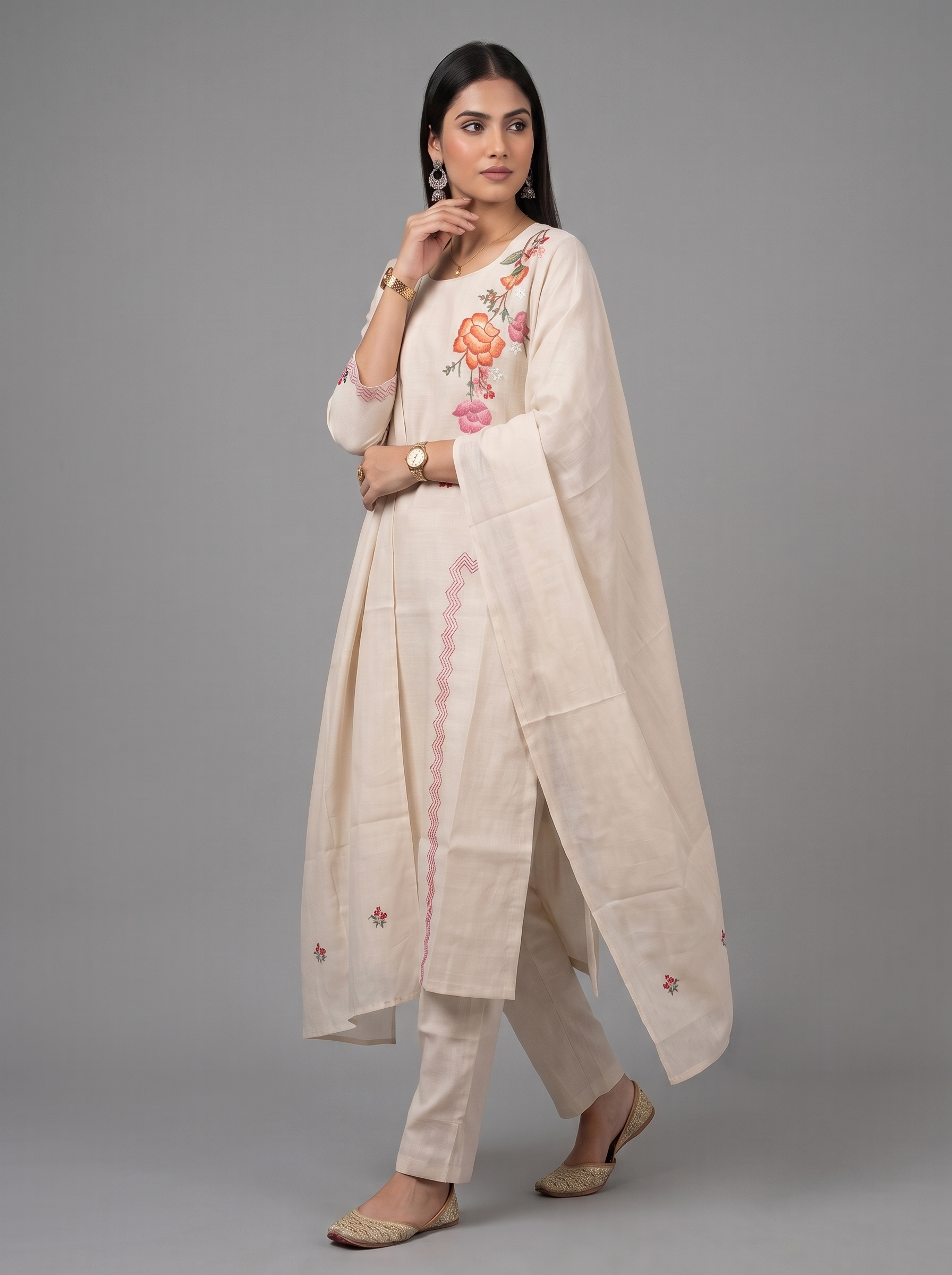 Ivory Blossom Embroidered Kurta Set with Matching Dupatta
