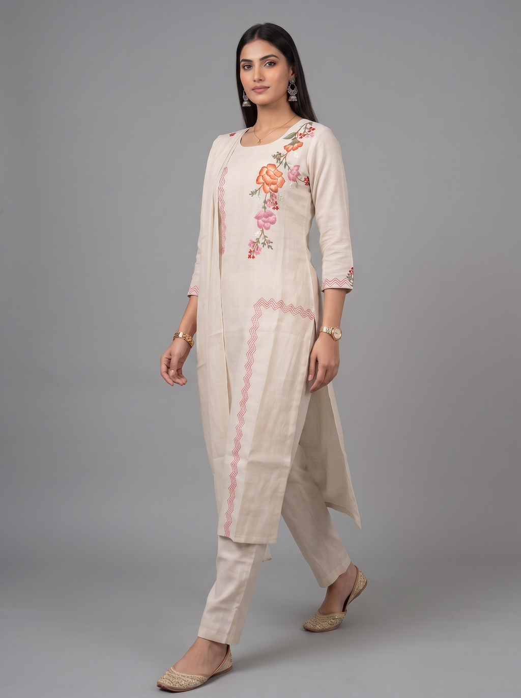 Ivory Blossom Embroidered Kurta Set with Matching Dupatta