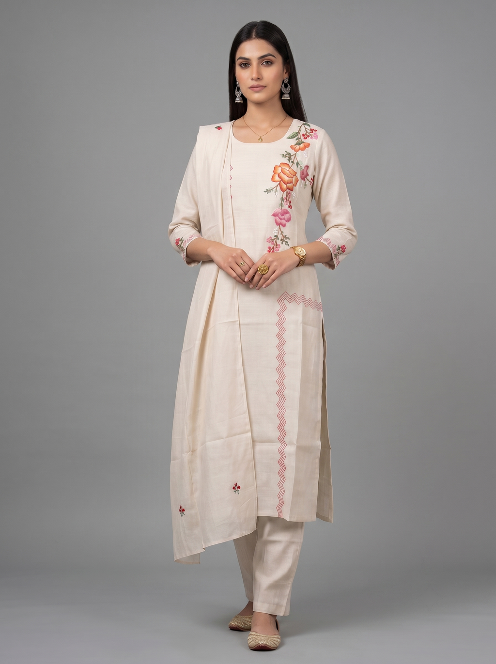 Ivory Blossom Embroidered Kurta Set with Matching Dupatta