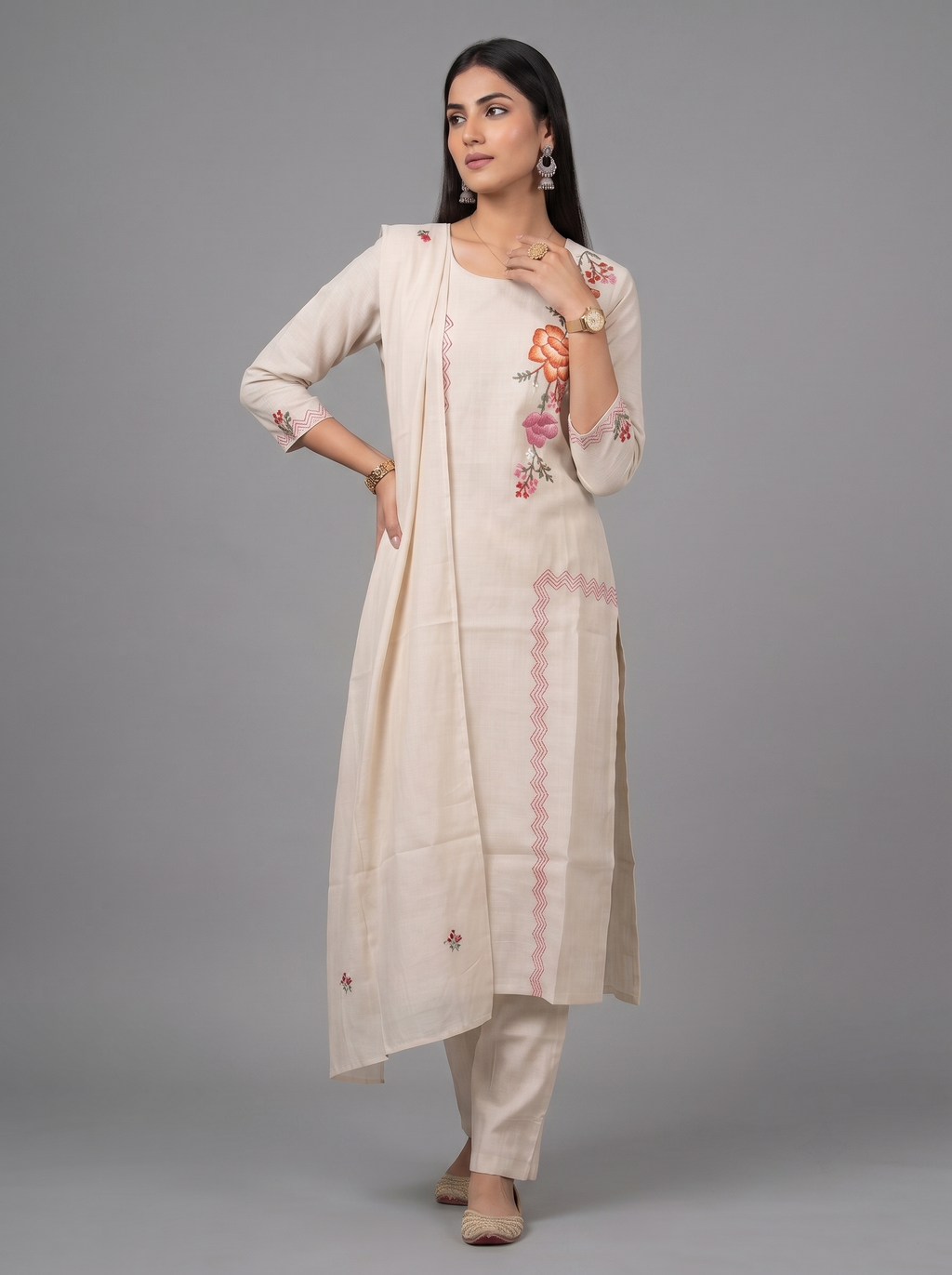 Ivory Blossom Embroidered Kurta Set with Matching Dupatta