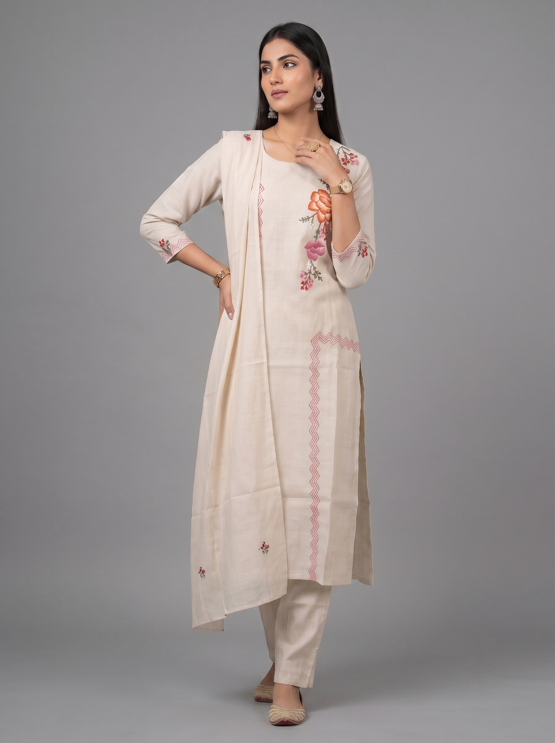 Ivory Blossom Embroidered Kurta Set with Matching Dupatta