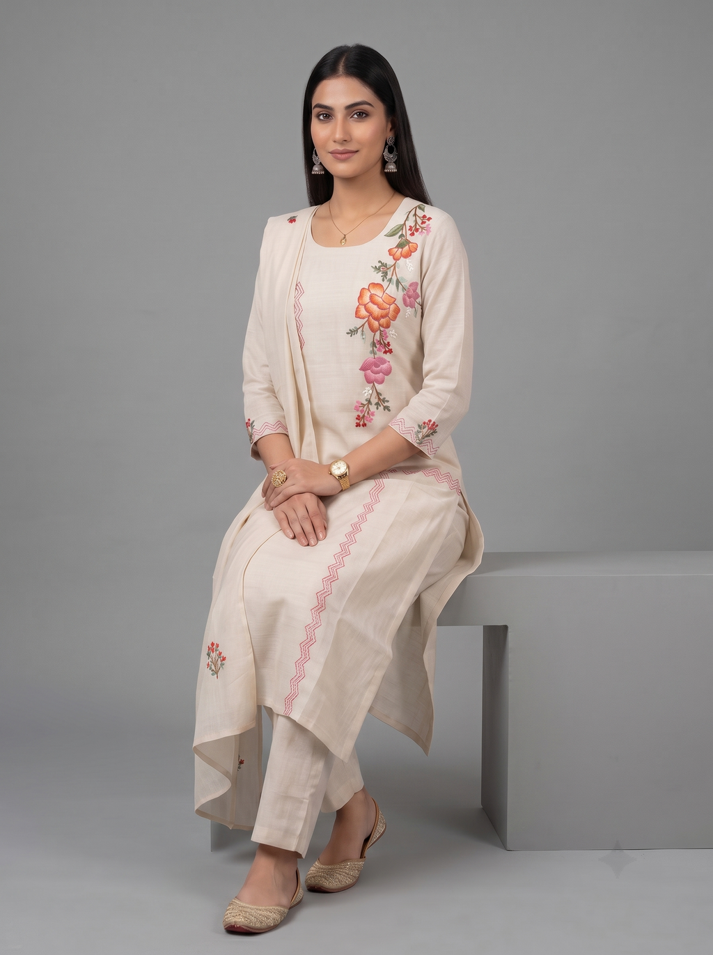 Ivory Blossom Embroidered Kurta Set with Matching Dupatta
