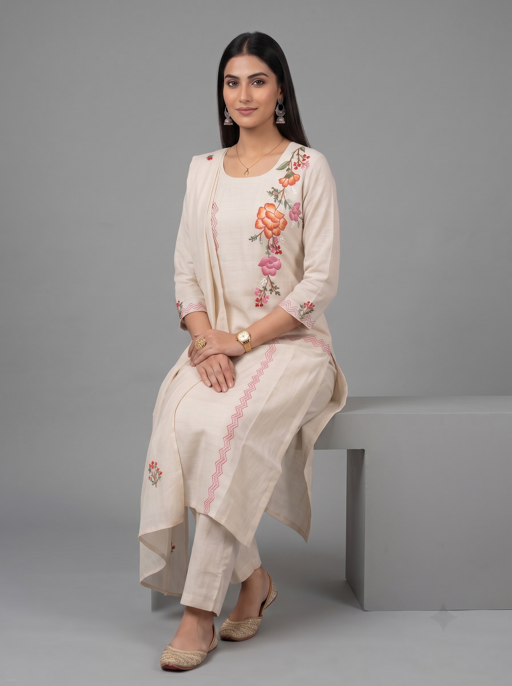 Ivory Blossom Embroidered Kurta Set with Matching Dupatta