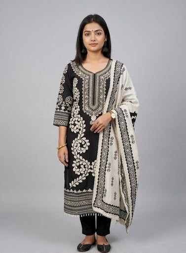 Women's Silk Blend Special NecklineKurta Pant Dupatta Set | 3-Piece Suit Set (Black & Beige) (Copy)