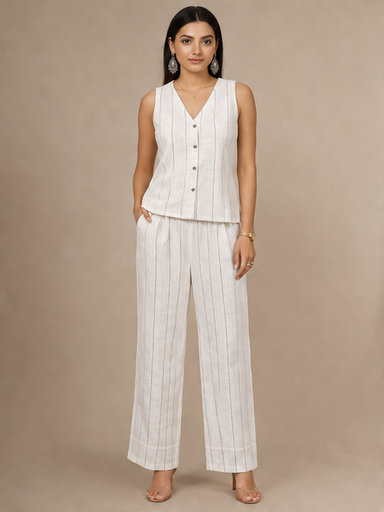 Striped Waist Coat Trouser Off White Set