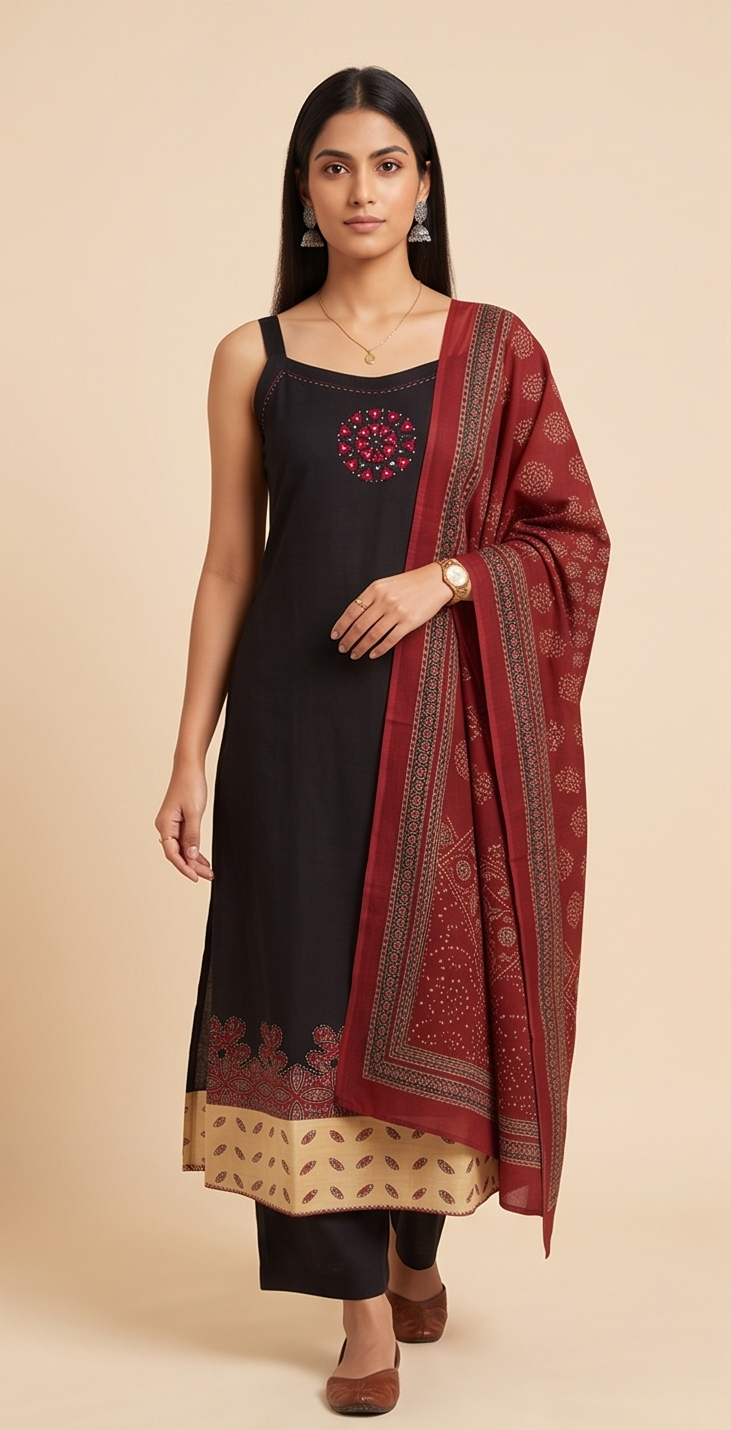 Women's Strap Shoulder Kurta with Palazzo and Dupatta, 3 Piece Set (Black)