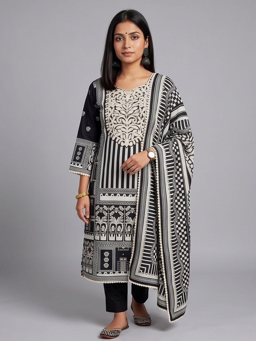 Women's Silk Blend Special Pearl-Work Kurta Pant Dupatta Set | 3-Piece Suit Set (Black & White) (Copy) (Copy)