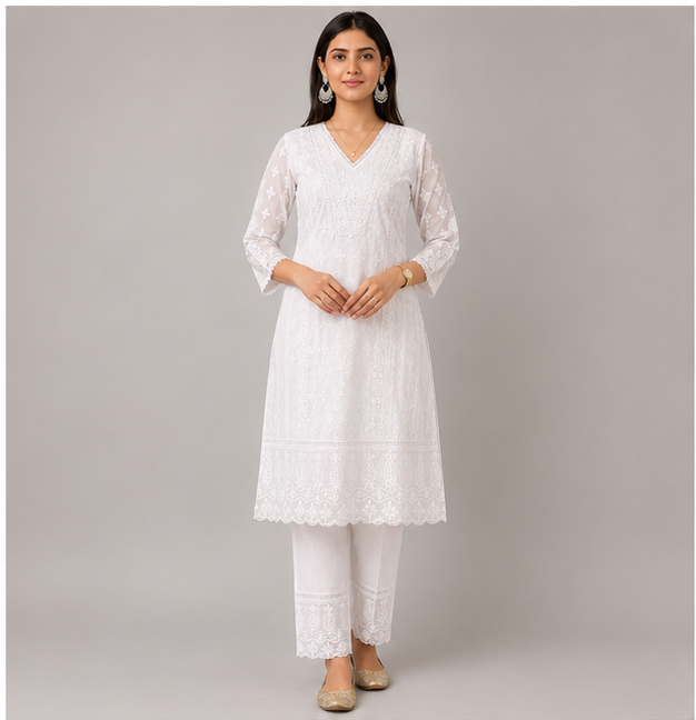Women's Threadwork Kurta and Trouser Set (White)