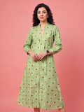 Women's Sage Green Striped Cotton A-Line Midi Dress with Heart Print | 3/4 Sleeve Casual Dress