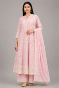 Blush Pink Threadwork Anarkali Suit Set with Dupatta | Embroidered Mul Cotton Ethnic Wear