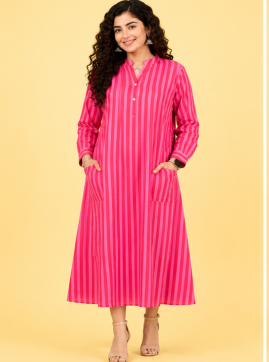Pink striped cotton A-line Midi Dress featuring front pockets, 3/4 sleeves, and a comfortable fit—perfect for office, travel, and everyday wear