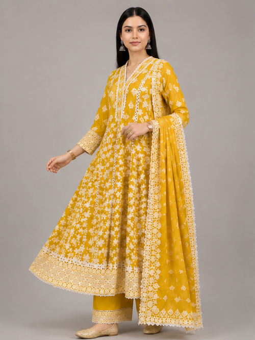 Mustard  Yellow Threadwork Anarkali Suit Set with Dupatta | Embroidered Mul Cotton Ethnic Wear
