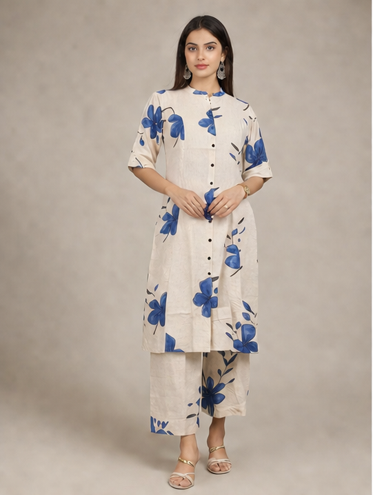 Women Floral Print Kurta with Pockets and Palazzo , 2 Piece Set (Beige and Blue)